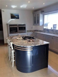 Pavilion Gray main kitchen and hague blue island