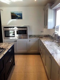 Pavilion Gray main kitchen and hague blue island